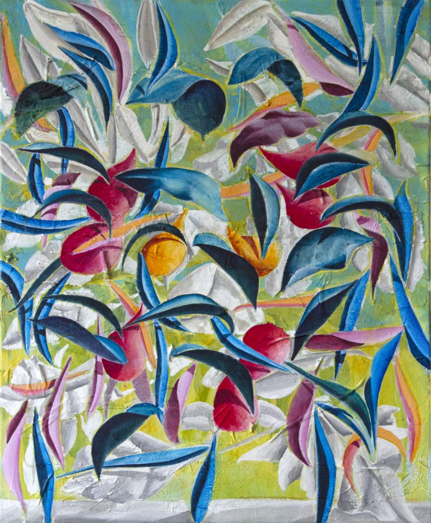 Nicholas Johnson, Foliate Suspension (2019). Acrylic paint, pigment, marble dust and fabric on canvas, 80 x 65 cm.