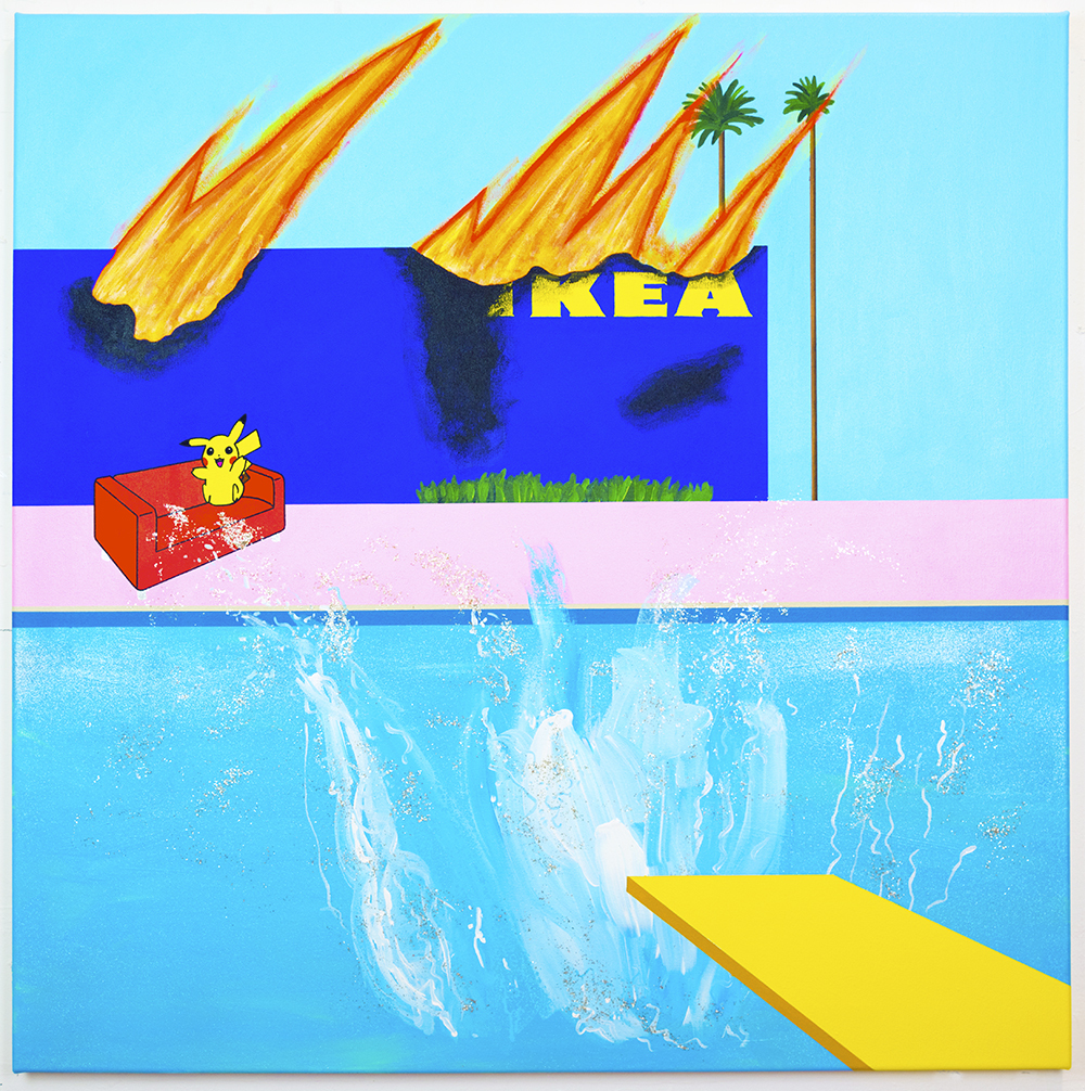 A Bigger Splash, 2021, acrylic chrome ink glitter and mica flakes on canvas, 100 x 100 cm